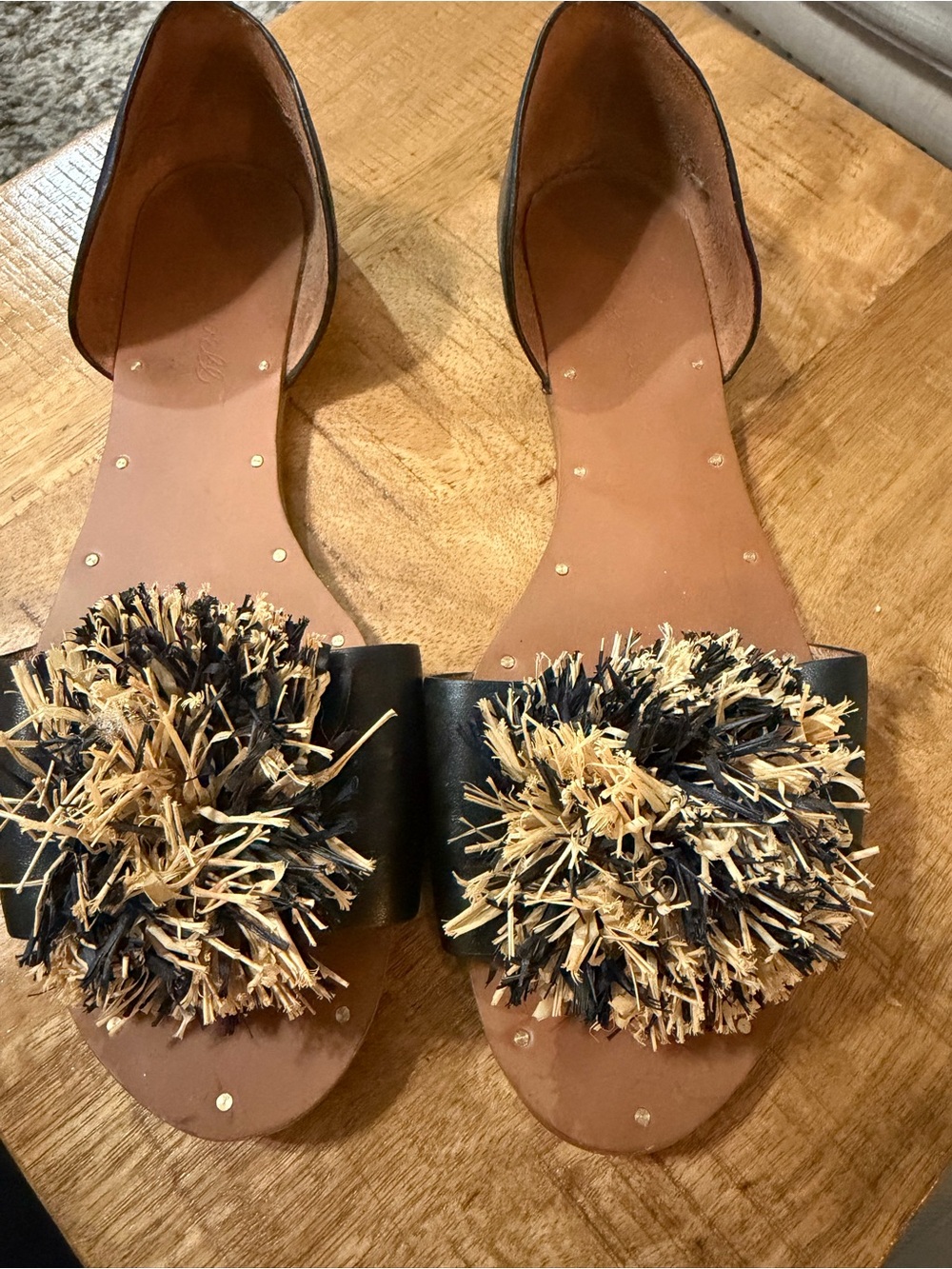 Madewell Black and Natural Pom-Pom Flat Sandals, size 7.5